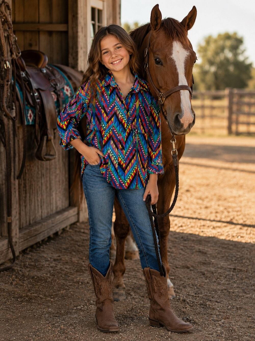 Vintage 90s Wrangler Girls Western Shirt Southwestern Geometric Colorful Youth